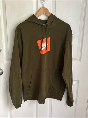 Nike Olive Green Pullover Drawstring Hoodie Orange Logo Kangaroo pocket size XL
